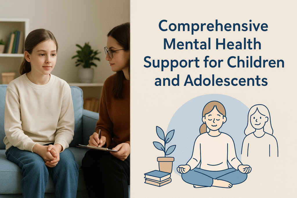 Child sitting calmly with a therapist, surrounded by books and calming colors—symbolizing mental health support in a safe space.