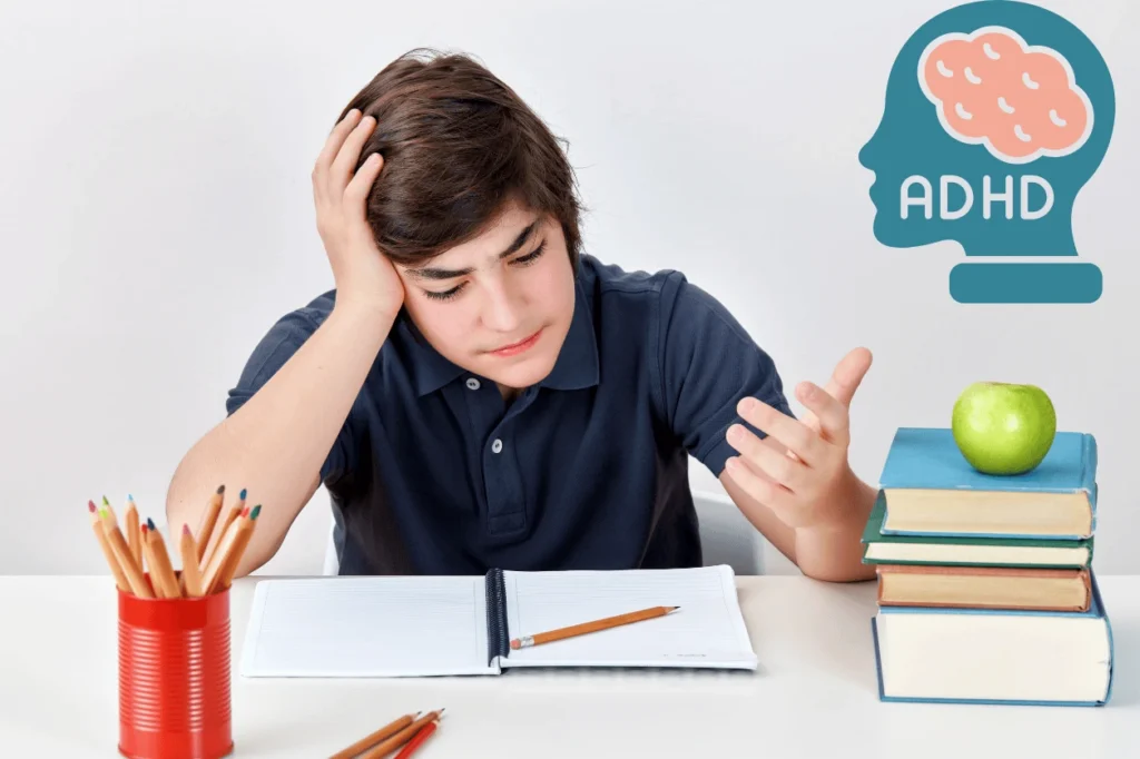 ADHD genetics concept showing brain, DNA, and family inheritance