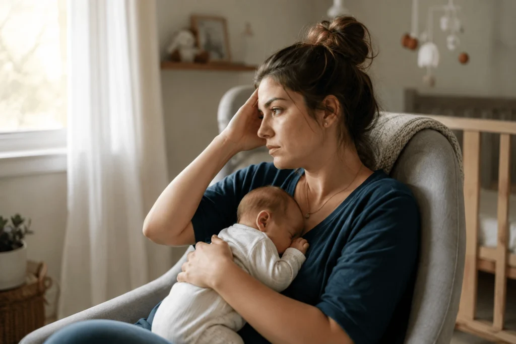 Mother holding newborn while experiencing postpartum depression and anxiety