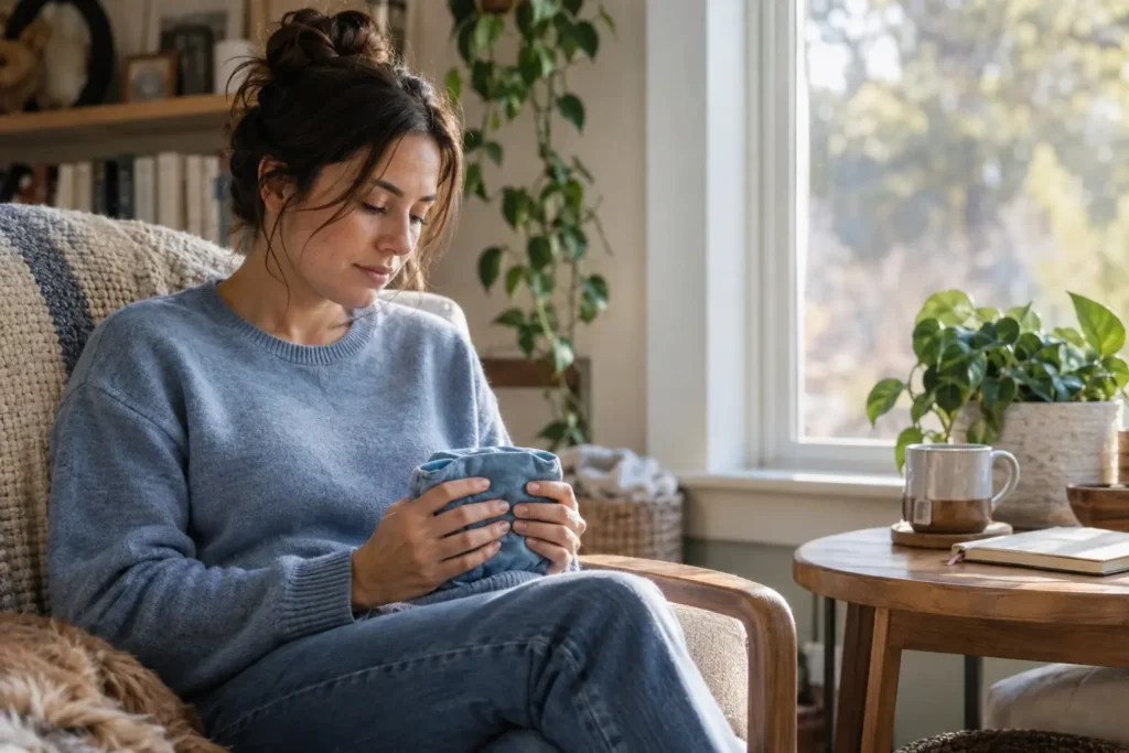 Woman using a temperature-based grounding technique at home