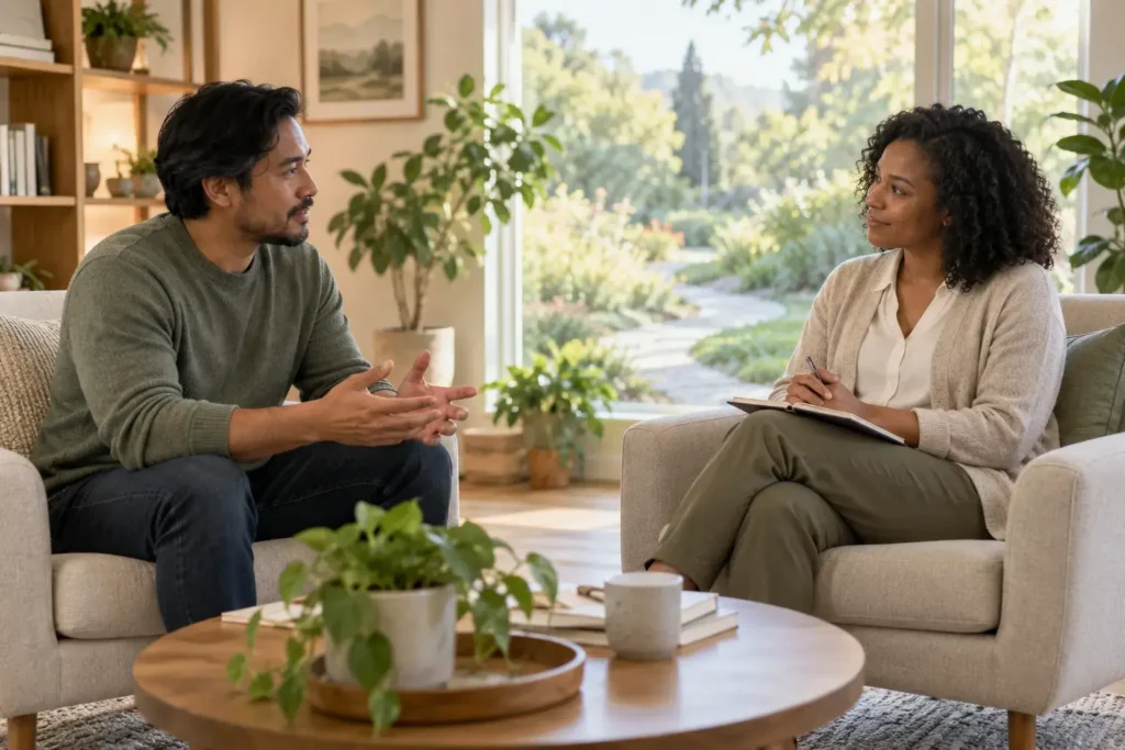 Therapist listening to a client in a calm office with a garden path visible through the window