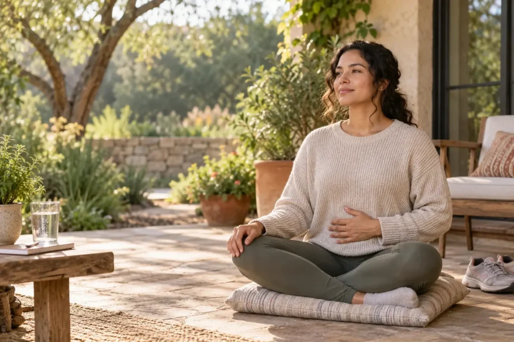 Woman practicing mindful breathing on a quiet sunlit patio