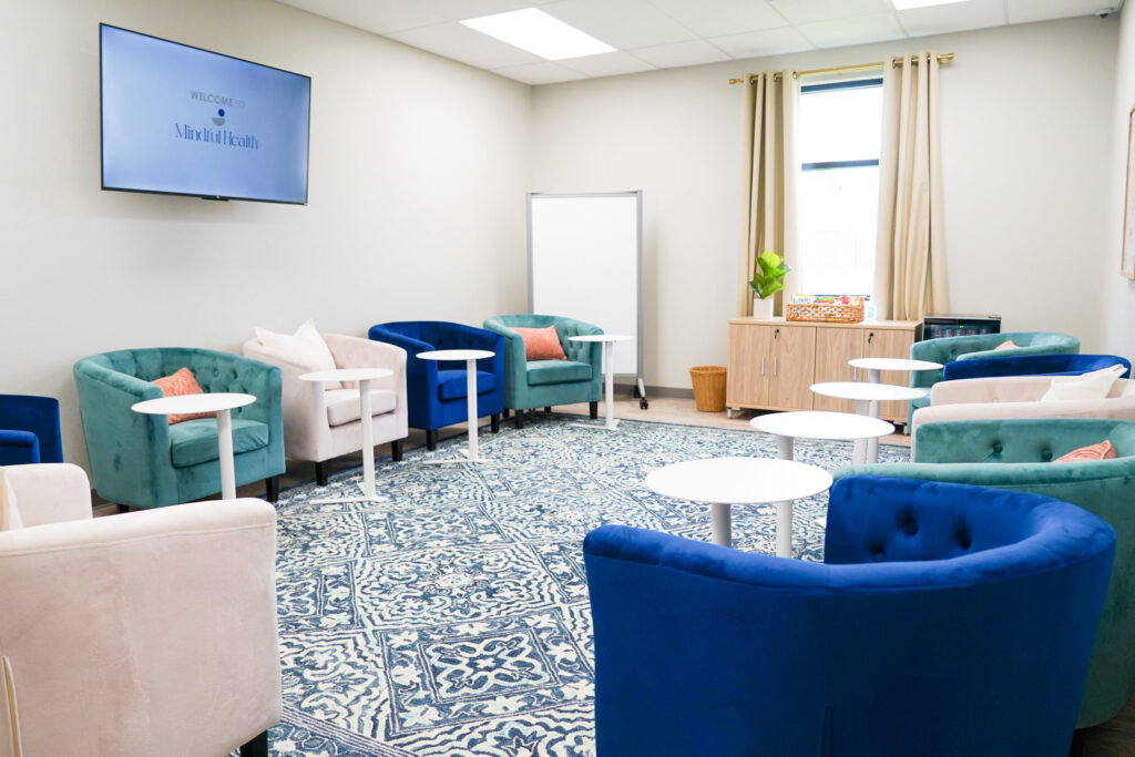 Group therapy room with chairs arranged for intensive outpatient and partial hospitalization programs