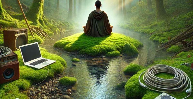 A person meditating peacefully with a phone nearby, symbolizing balance between mindfulness and technology.